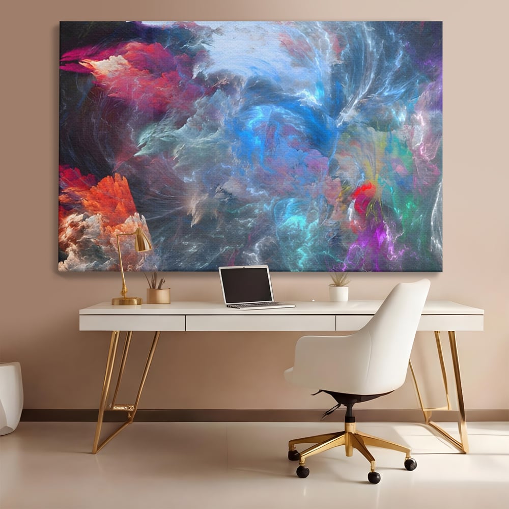 Tablou canvas cu tablou canvas cu explozie cosmica, fara rama, pe sasiu de lemn, pe perete intr-un birou